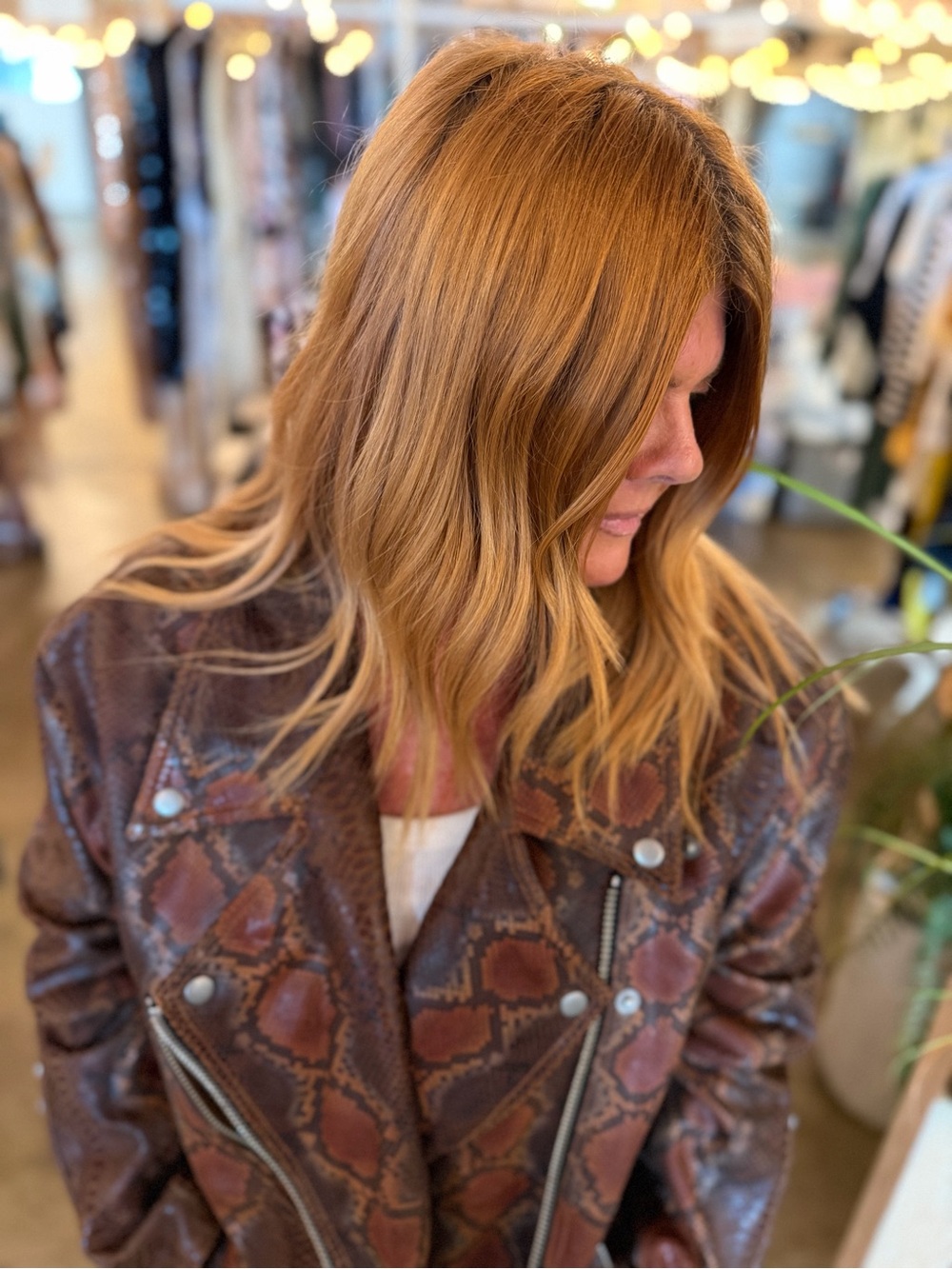 Womens Brown Snake-Print Leather Moto Jacket